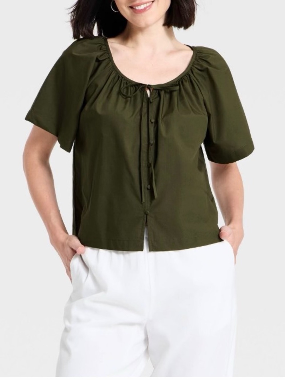 Tie Front Button-Up Short-Sleeve Peasant Blouse